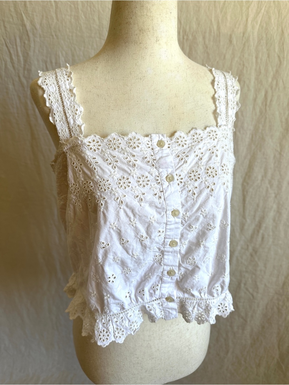 Lace Eyelet Button-Front White Crop Tank
